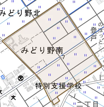 みどり野南とその周辺の地図。町の範囲を重ねている