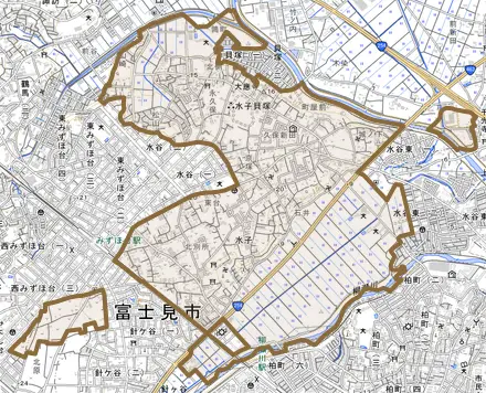 大字水子とその周辺の地図。町の範囲を重ねている
