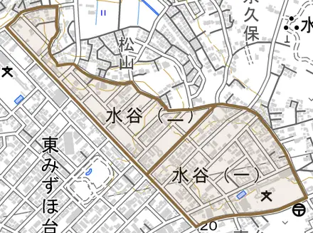 水谷とその周辺の地図。町の範囲を重ねている