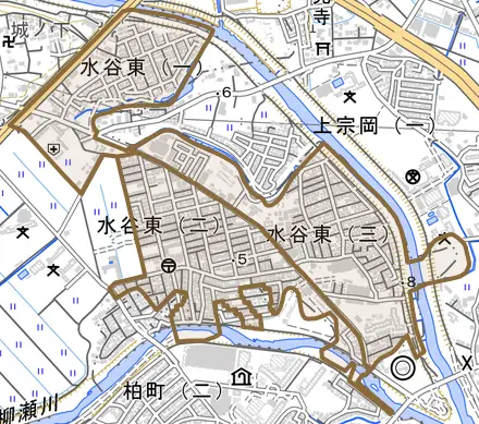 水谷東とその周辺の地図。町の範囲を重ねている