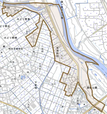 大字南畑新田とその周辺の地図。町の範囲を重ねている