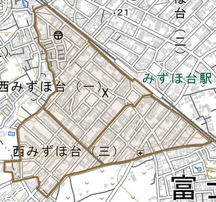 西みずほ台とその周辺の地図。町の範囲を重ねている
