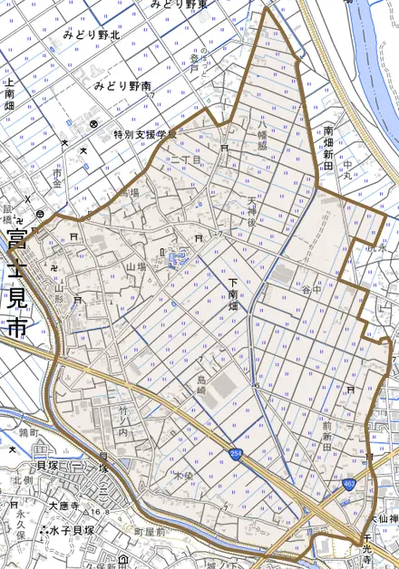大字下南畑とその周辺の地図。町の範囲を重ねている