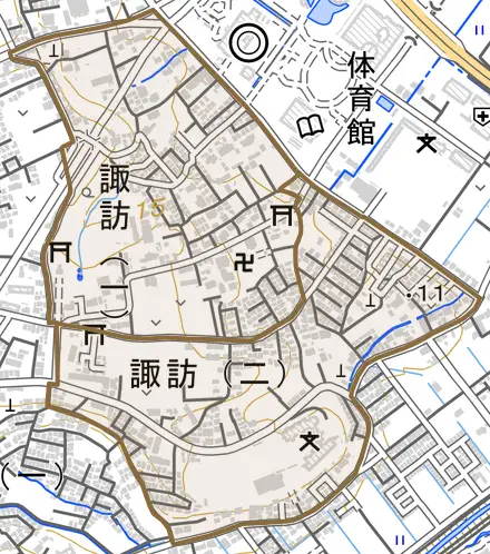 諏訪とその周辺の地図。町の範囲を重ねている
