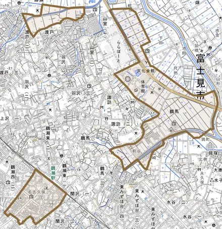 大字鶴馬とその周辺の地図。町の範囲を重ねている