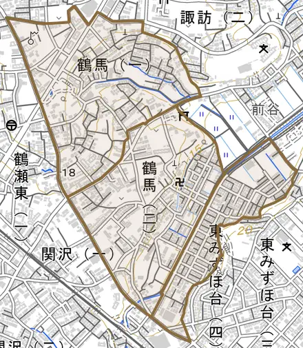 鶴馬とその周辺の地図。町の範囲を重ねている