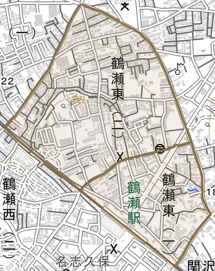 鶴瀬東とその周辺の地図。町の範囲を重ねている