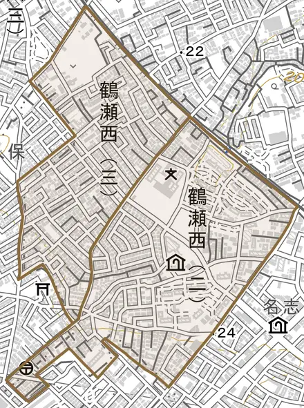 鶴瀬西とその周辺の地図。町の範囲を重ねている