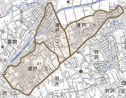 渡戸とその周辺の地図。町の範囲を重ねている