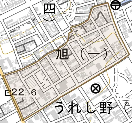 旭とその周辺の地図。町の範囲を重ねている