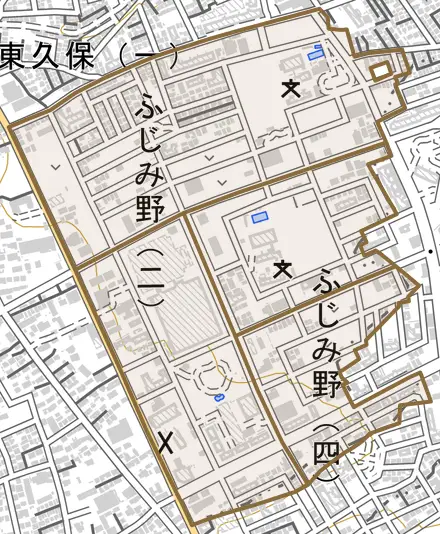 ふじみ野とその周辺の地図。町の範囲を重ねている