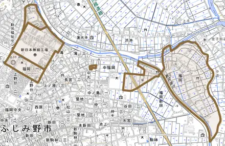 福岡とその周辺の地図。町の範囲を重ねている