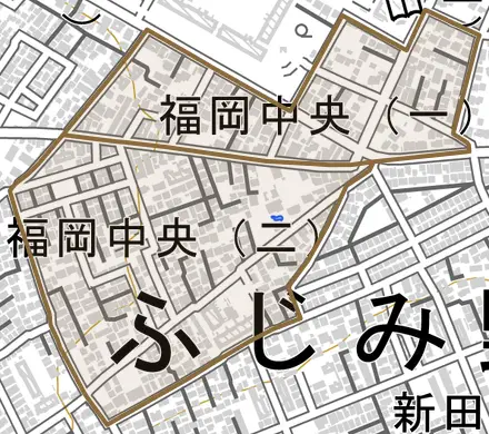 福岡中央とその周辺の地図。町の範囲を重ねている