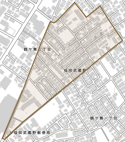 福岡武蔵野とその周辺の地図。町の範囲を重ねている