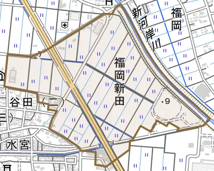 福岡新田とその周辺の地図。町の範囲を重ねている