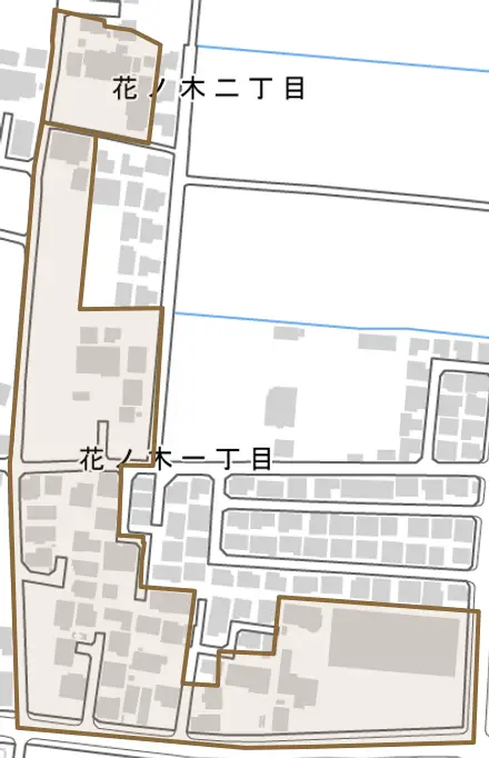 花ノ木とその周辺の地図。町の範囲を重ねている