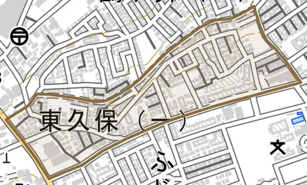 東久保とその周辺の地図。町の範囲を重ねている