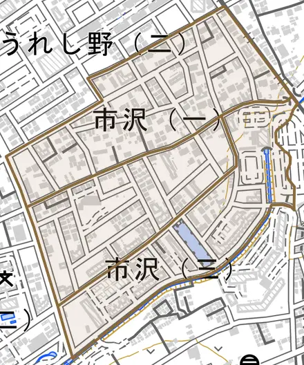 市沢とその周辺の地図。町の範囲を重ねている