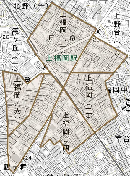 上福岡とその周辺の地図。町の範囲を重ねている