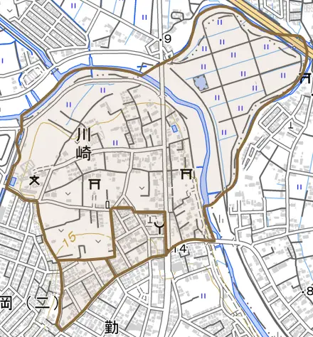 川崎とその周辺の地図。町の範囲を重ねている