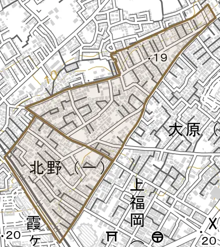 北野とその周辺の地図。町の範囲を重ねている