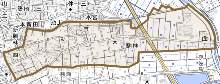 駒林とその周辺の地図。町の範囲を重ねている
