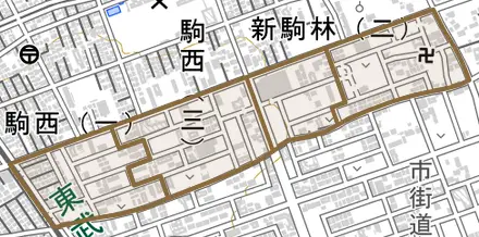 駒林元町とその周辺の地図。町の範囲を重ねている