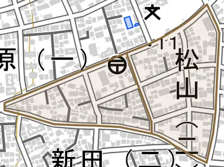 松山とその周辺の地図。町の範囲を重ねている