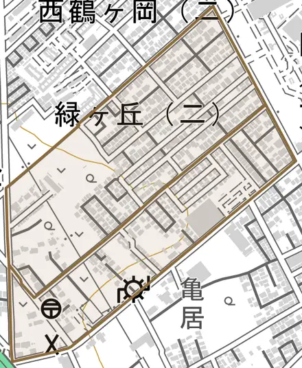 緑ケ丘とその周辺の地図。町の範囲を重ねている
