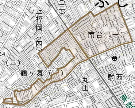 南台とその周辺の地図。町の範囲を重ねている