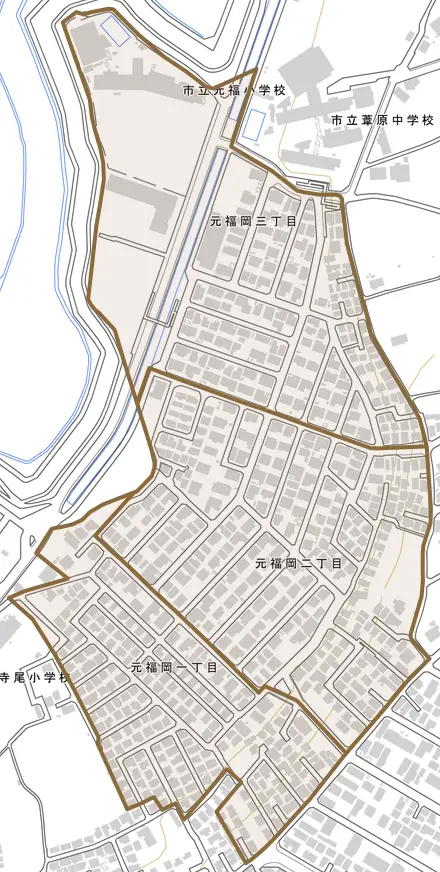 元福岡とその周辺の地図。町の範囲を重ねている