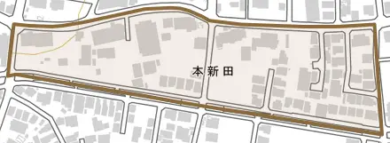 本新田とその周辺の地図。町の範囲を重ねている