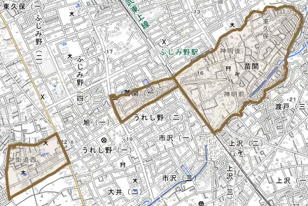 苗間とその周辺の地図。町の範囲を重ねている