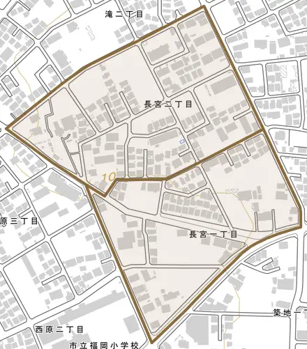 長宮とその周辺の地図。町の範囲を重ねている