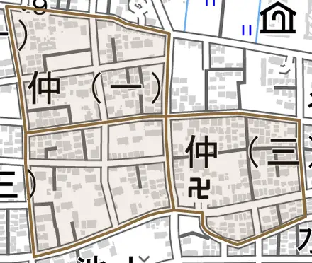 仲とその周辺の地図。町の範囲を重ねている