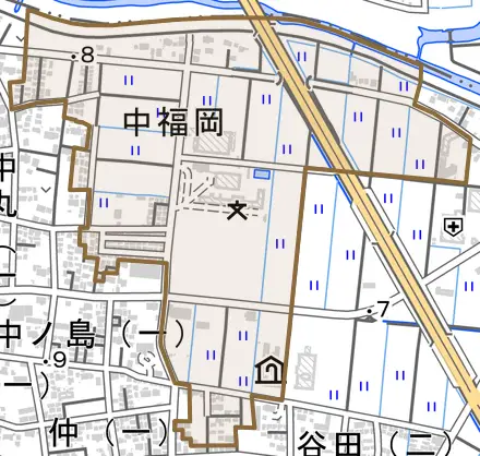 中福岡とその周辺の地図。町の範囲を重ねている