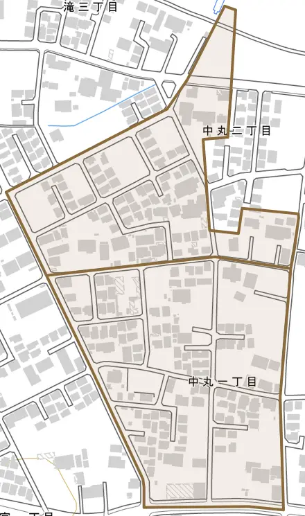 中丸とその周辺の地図。町の範囲を重ねている