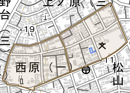 西原とその周辺の地図。町の範囲を重ねている