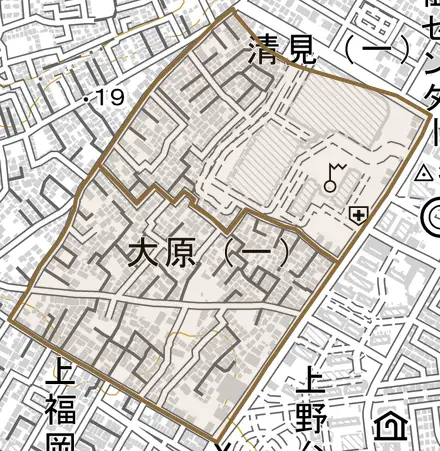 大原とその周辺の地図。町の範囲を重ねている