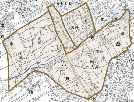 大井とその周辺の地図。町の範囲を重ねている
