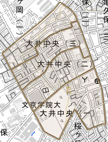 大井中央とその周辺の地図。町の範囲を重ねている