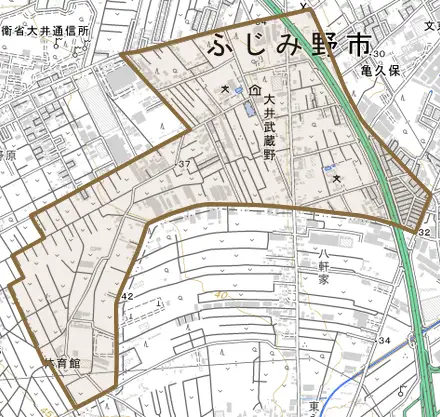 大井武蔵野とその周辺の地図。町の範囲を重ねている
