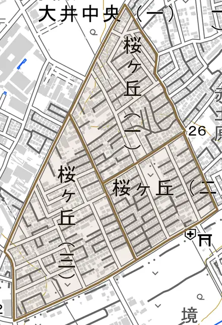 桜ケ丘とその周辺の地図。町の範囲を重ねている