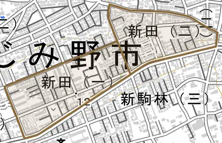 新田とその周辺の地図。町の範囲を重ねている