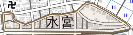 水宮とその周辺の地図。町の範囲を重ねている