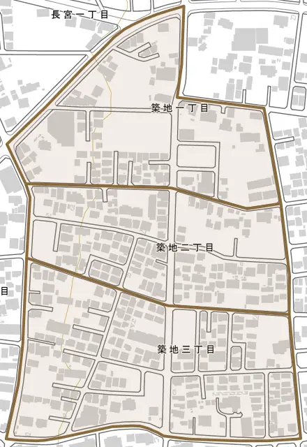 築地とその周辺の地図。町の範囲を重ねている