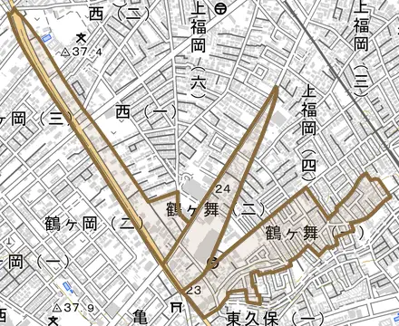 鶴ケ舞とその周辺の地図。町の範囲を重ねている