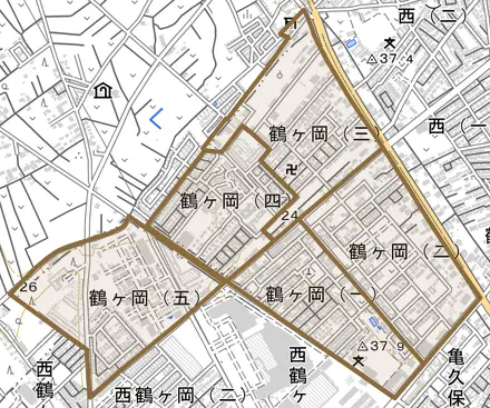 鶴ケ岡とその周辺の地図。町の範囲を重ねている