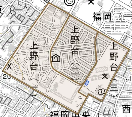 上野台とその周辺の地図。町の範囲を重ねている