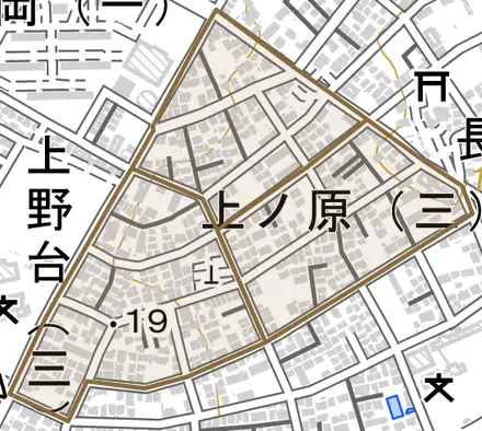 上ノ原とその周辺の地図。町の範囲を重ねている